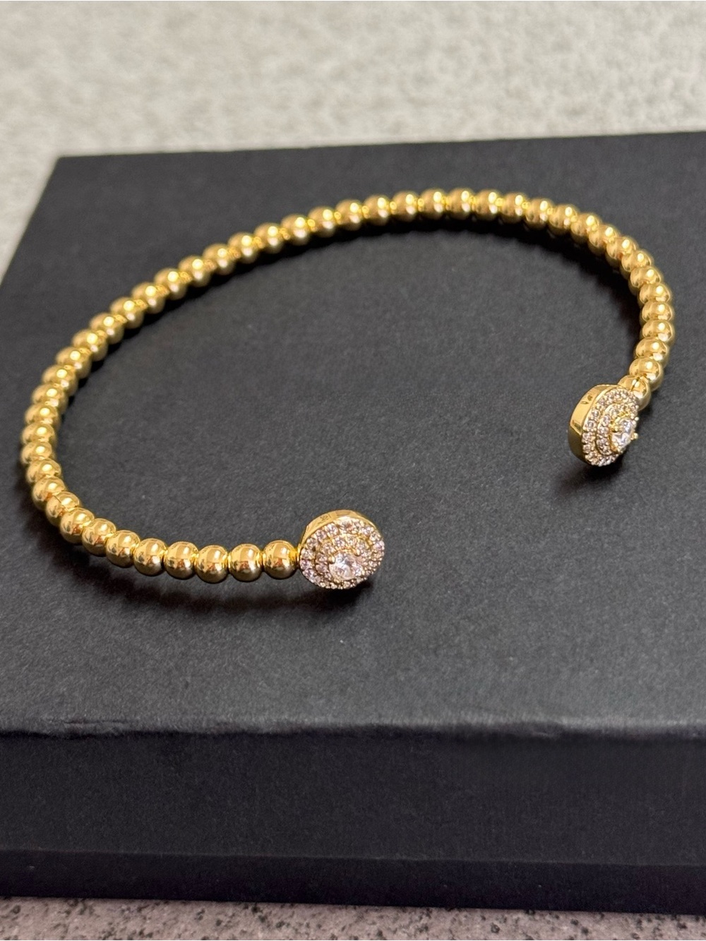 Gold Beaded Open Cuff Bracelet with Pavé Ends